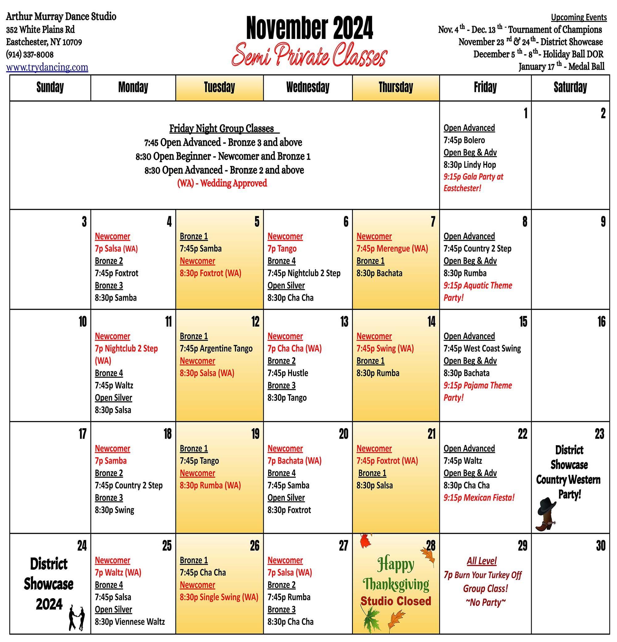 Arthur Murray Eastchester November 2024 Calendar